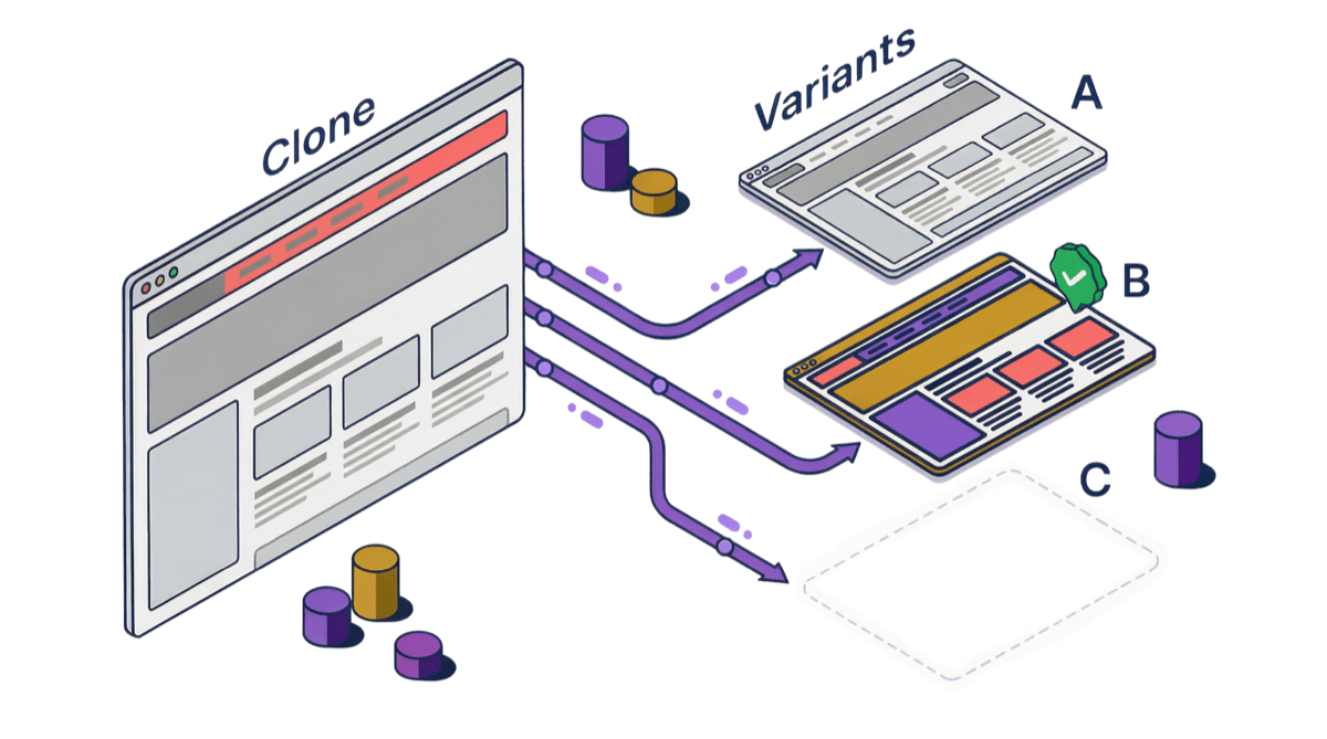Isometric illustration showing the cloned website generating two accessibility variants A and B, with variant C still pending