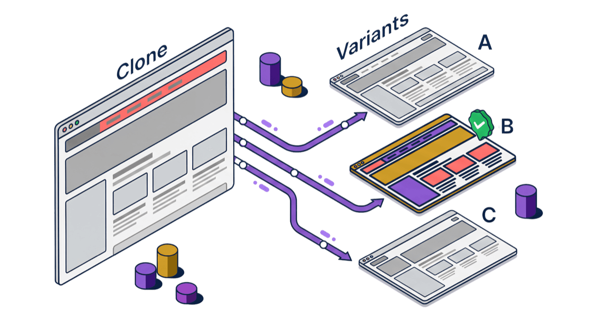Isometric illustration showing the cloned website with all three generated variants A, B, and C, with a green checkmark on the validated variant