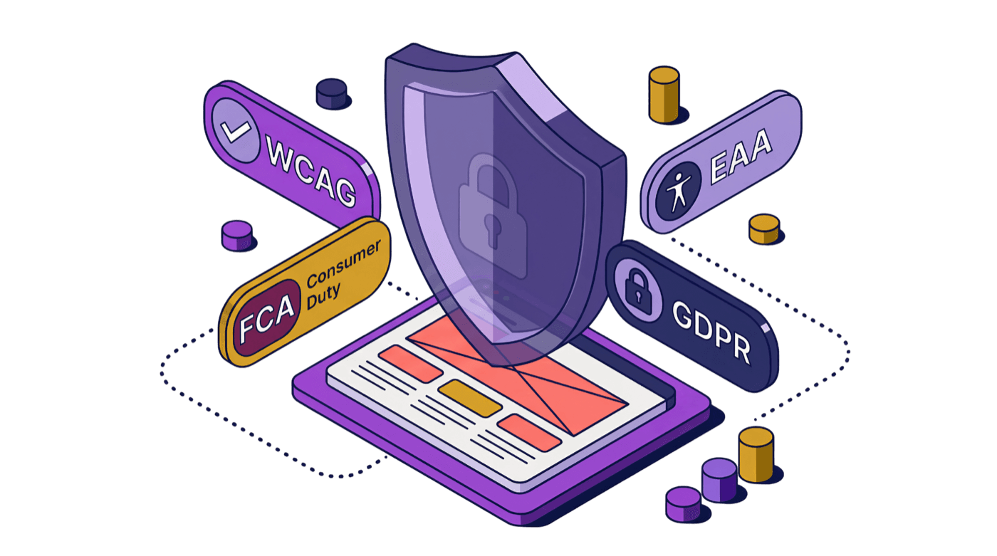 Isometric illustration of a compliance shield with WCAG, FCA Consumer Duty, EAA, and GDPR certification badges surrounding a protected website